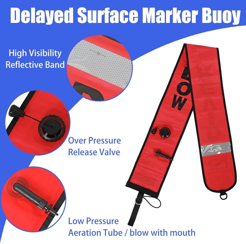 JUSTOOP Store 5ft Surface Marker Buoy Set, Inflatable Scuba Signal Tube with Reflective Strip, Scuba Diving Open Bottom Float (SMB) for Underwater Diving Snorkeling with 100ft Diving Spool Reel and Clip - Image 3